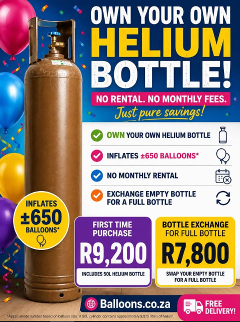 50 Litre Helium Bottle (1.5kg Helium) – Includes Cylinder