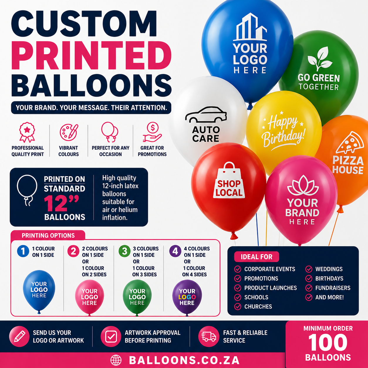 Custom printed 12 inch balloons branded with your logo, South Africa