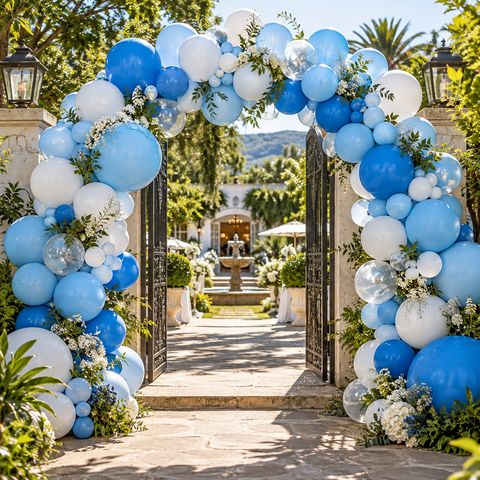 Blue and white balloon arch at a garden entrance