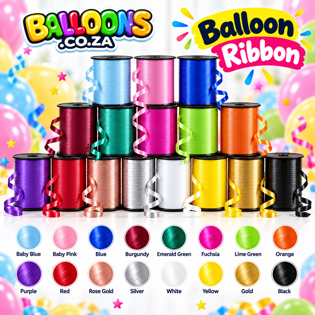 Balloon ribbon reels in 16 colours
