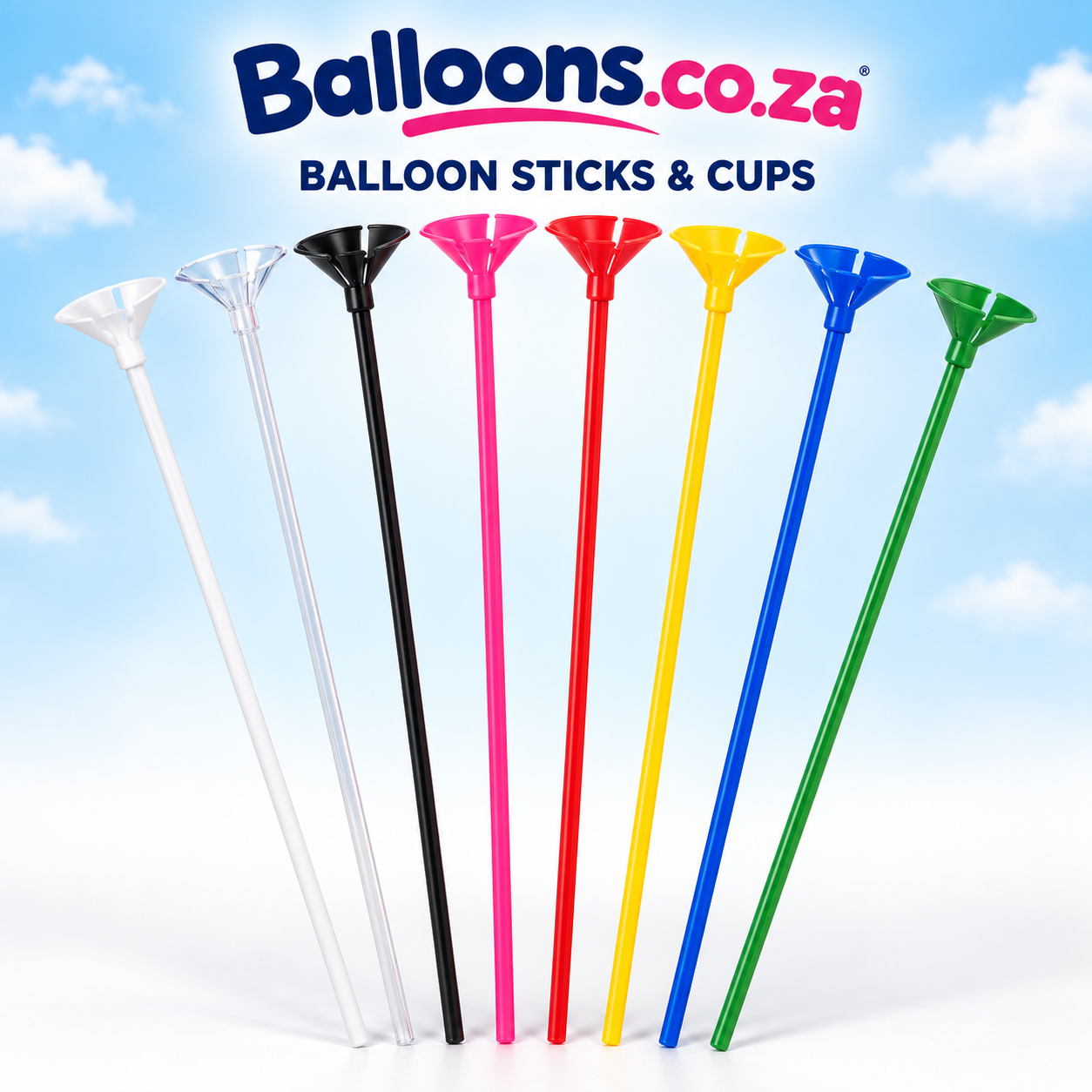 Balloon sticks and cups in 8 colours for 12 inch balloons