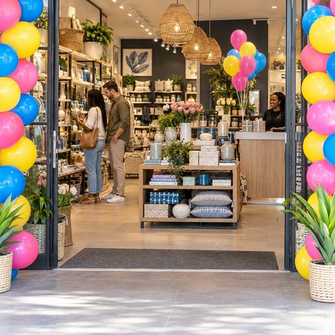 Home and gift store with colourful balloon columns at its entrance