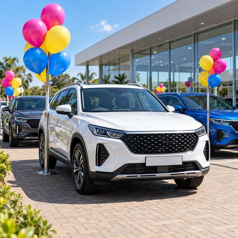 Car dealership forecourt decorated with colourful balloons
