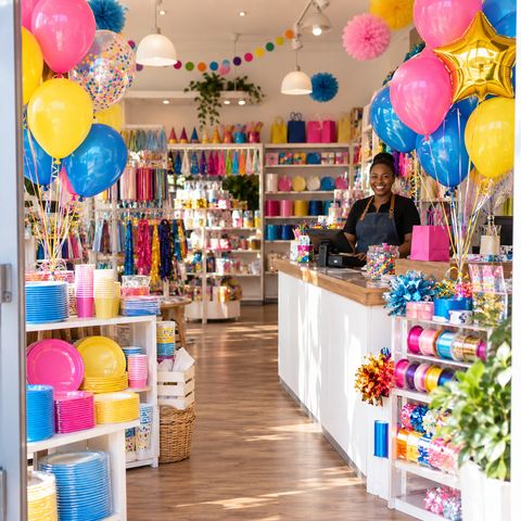 Colourful party supply shop with helium balloon bouquets