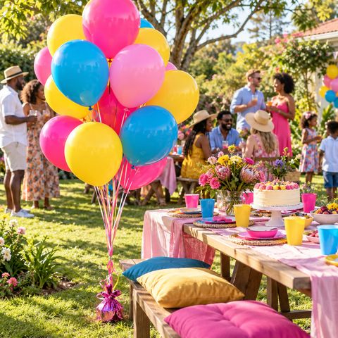Colourful helium balloon bouquet at an outdoor celebration