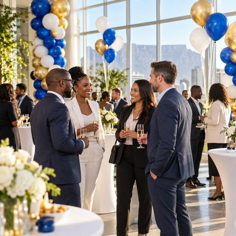 Business colleagues celebrating with blue white and gold balloons