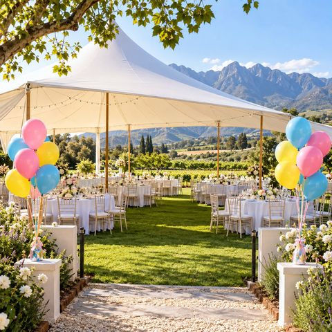 Garden venue with a white marquee and balloon clusters