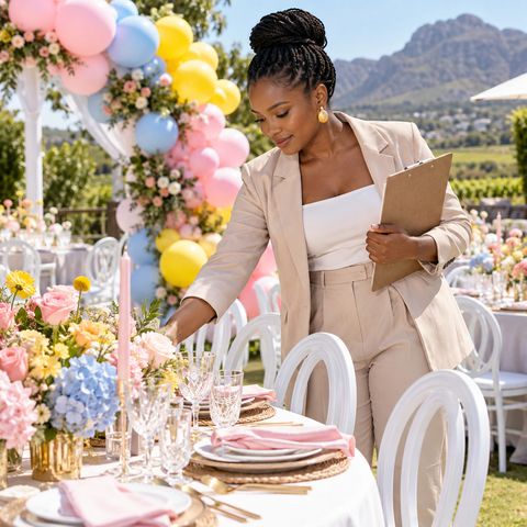 Event planner arranging flowers beside pastel balloon decor