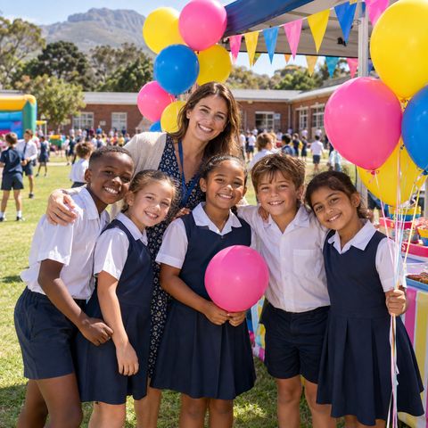 Teacher and pupils enjoying a school fun day with colourful balloons