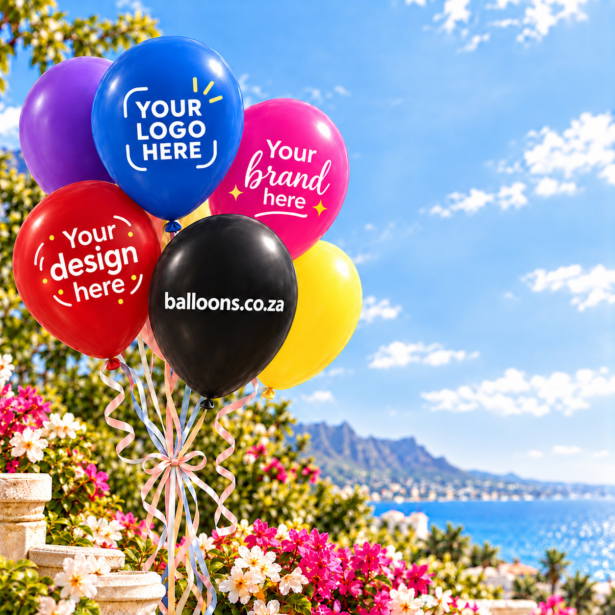 Colourful custom printed balloons with sample logos and designs against a sunny South African backdrop