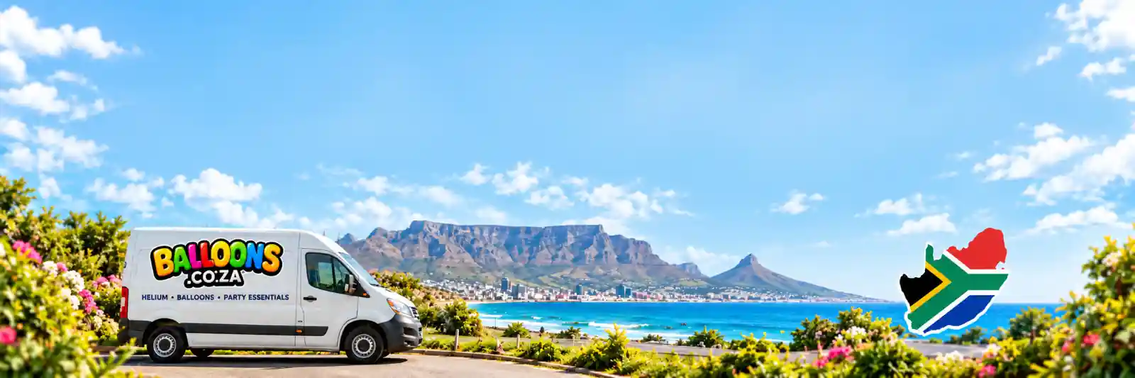 Balloons.co.za branded delivery van with Table Mountain and a South African flag graphic