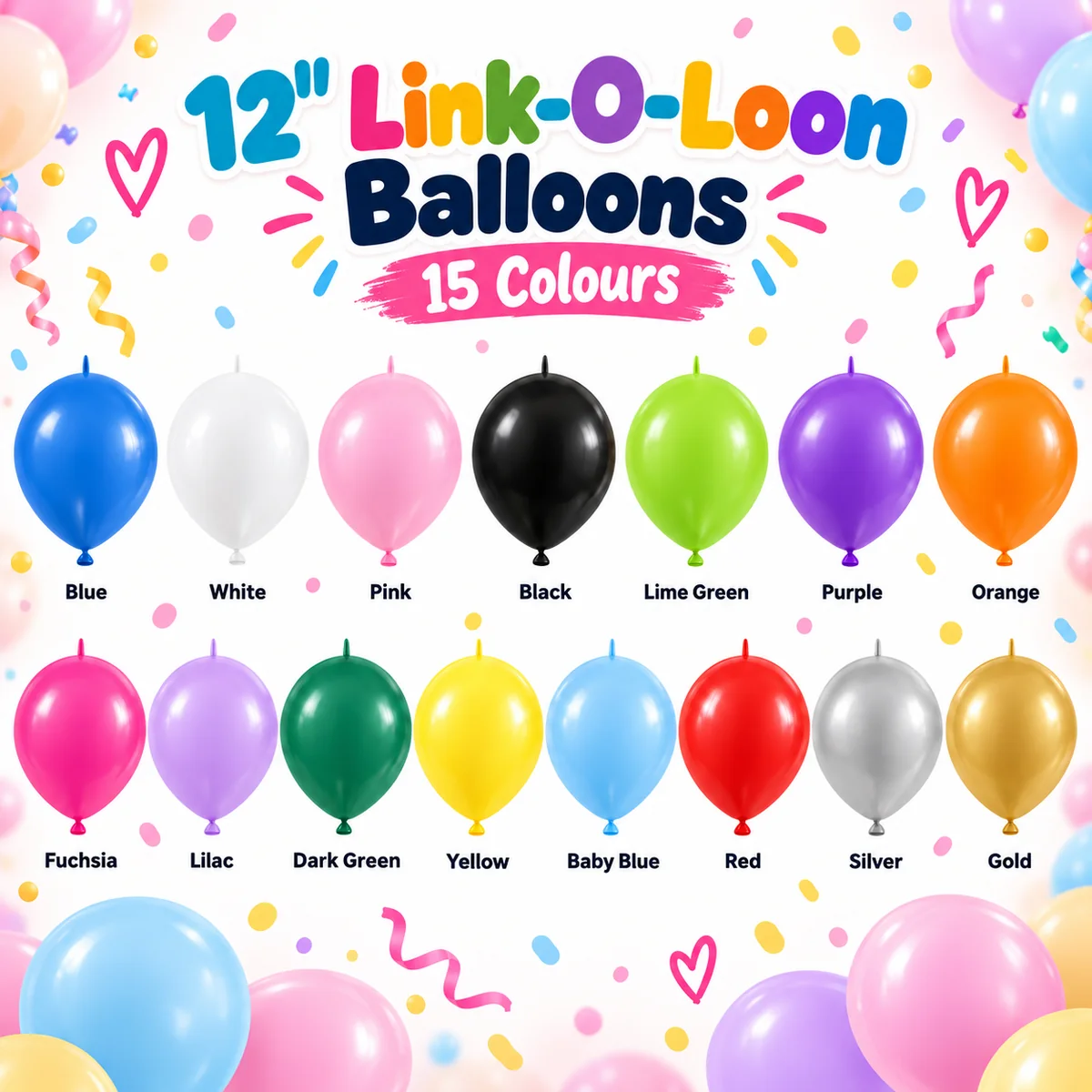12 inch Link-O-Loon linking balloons in 15 colours